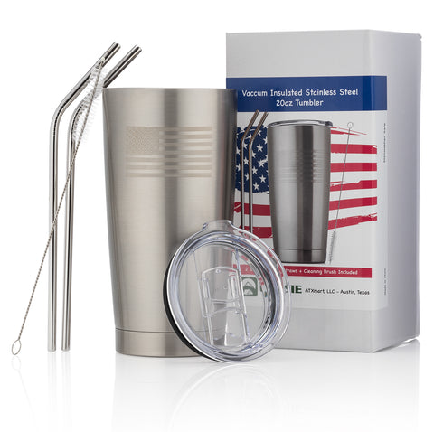 OUTZIE Vacuum Insulated Stainless Steel Tumbler 20oz - Keeps you Drinks Hot or Cold - Etched American Flag Logo